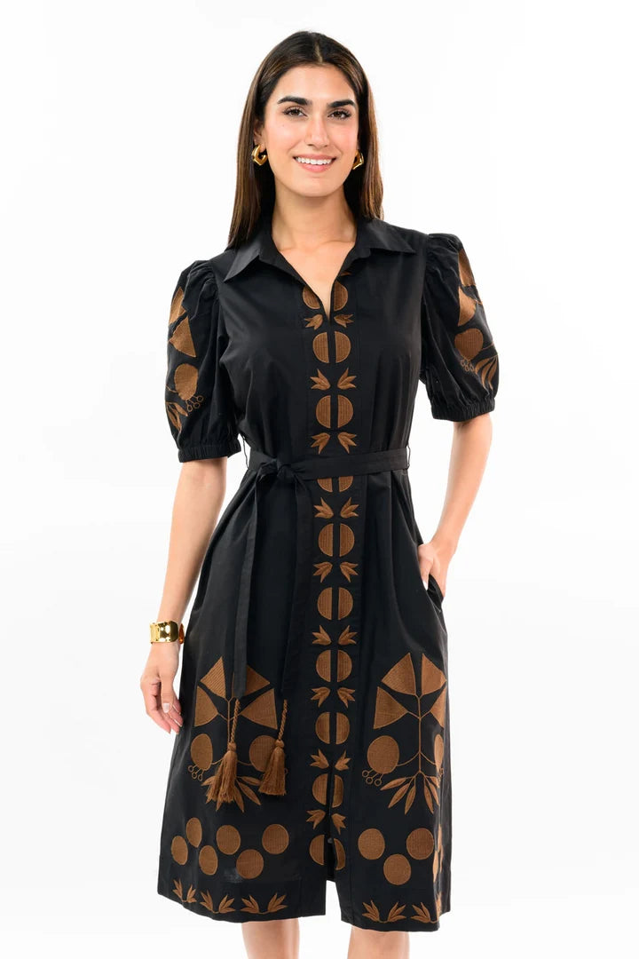 Black/Brown Placket Applique Dress
