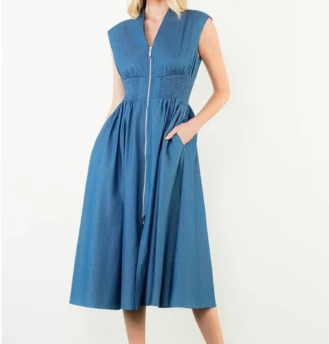 Sleeveless Denim Dress w/Zip Front