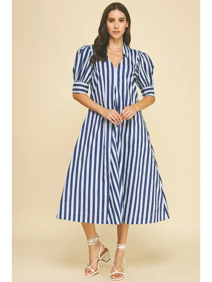 Blue/Navy Striped V-Neck Midi dress