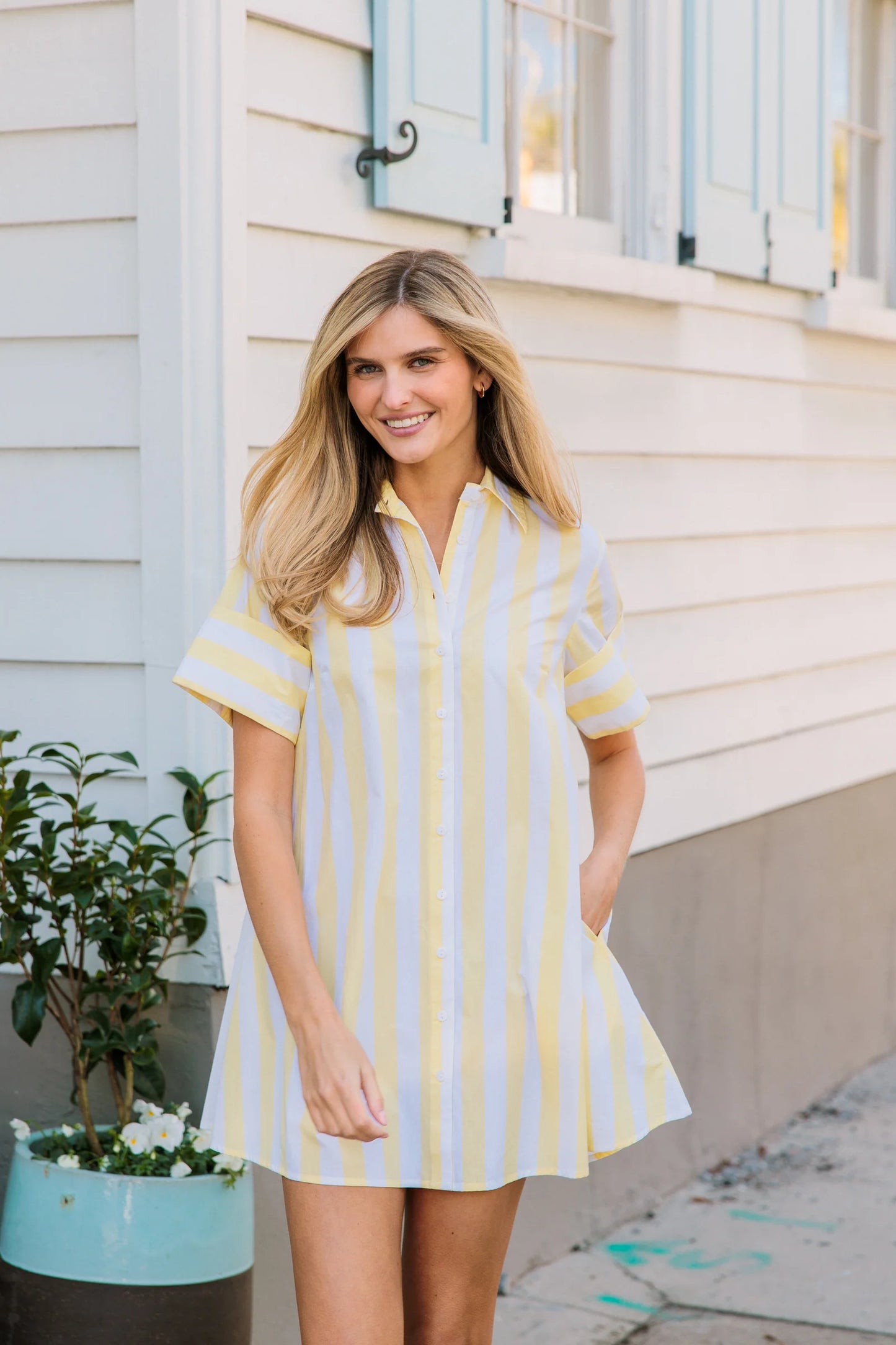Yellow and White Cabana Sripe Short Shirt Dress