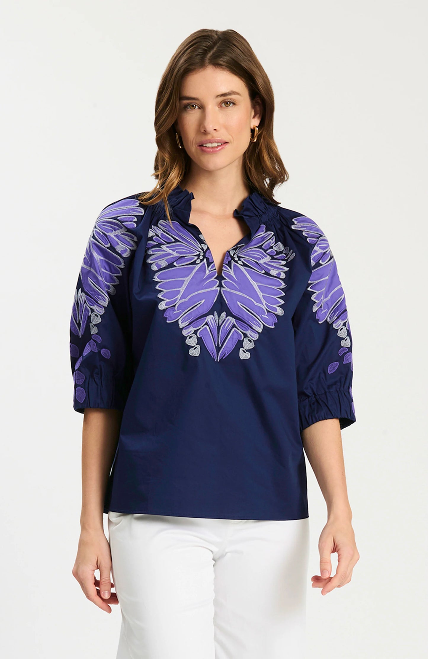 Navy Applique Ruffle Neck Top