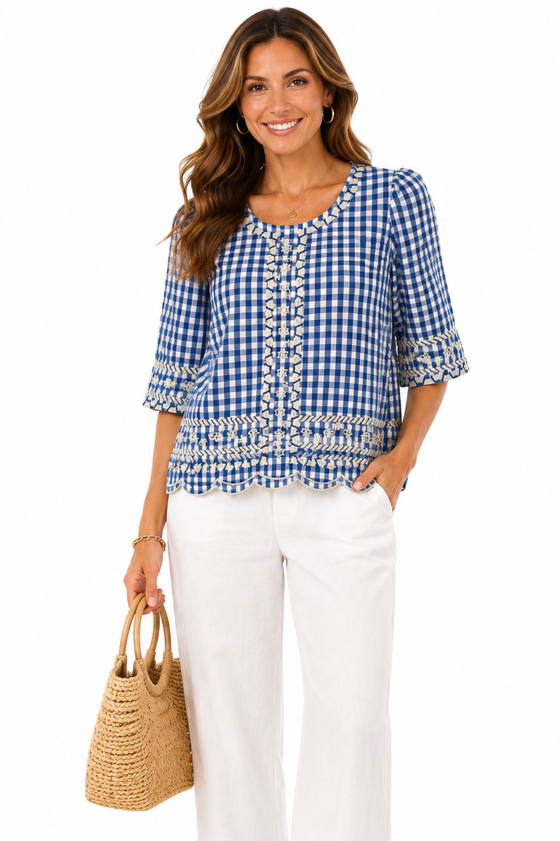Blue Check Pattern 3/4 Sleeve Top with Embroidery and Scalloped Edge