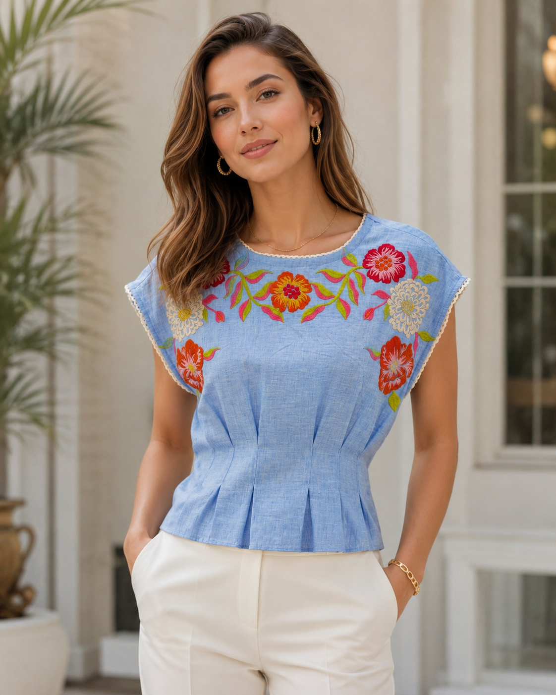 Blue Cap Sleeve w/Chest Embroidery Top
