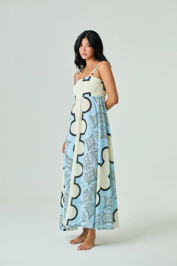 Ivory/Blue Maxi with Shirring Carla Dress