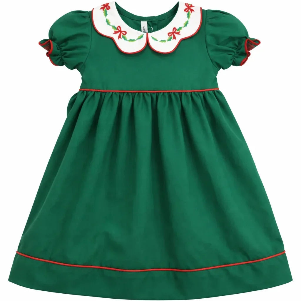 GREEN BOW & HOLLY EMB SCALLOP COLLAR DRESS