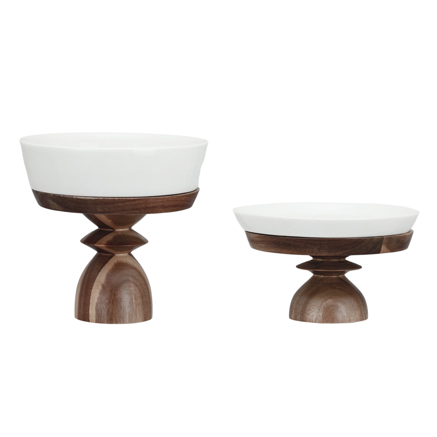 Stoneware Serving Dishes w/ Acacia Wood Pedestals