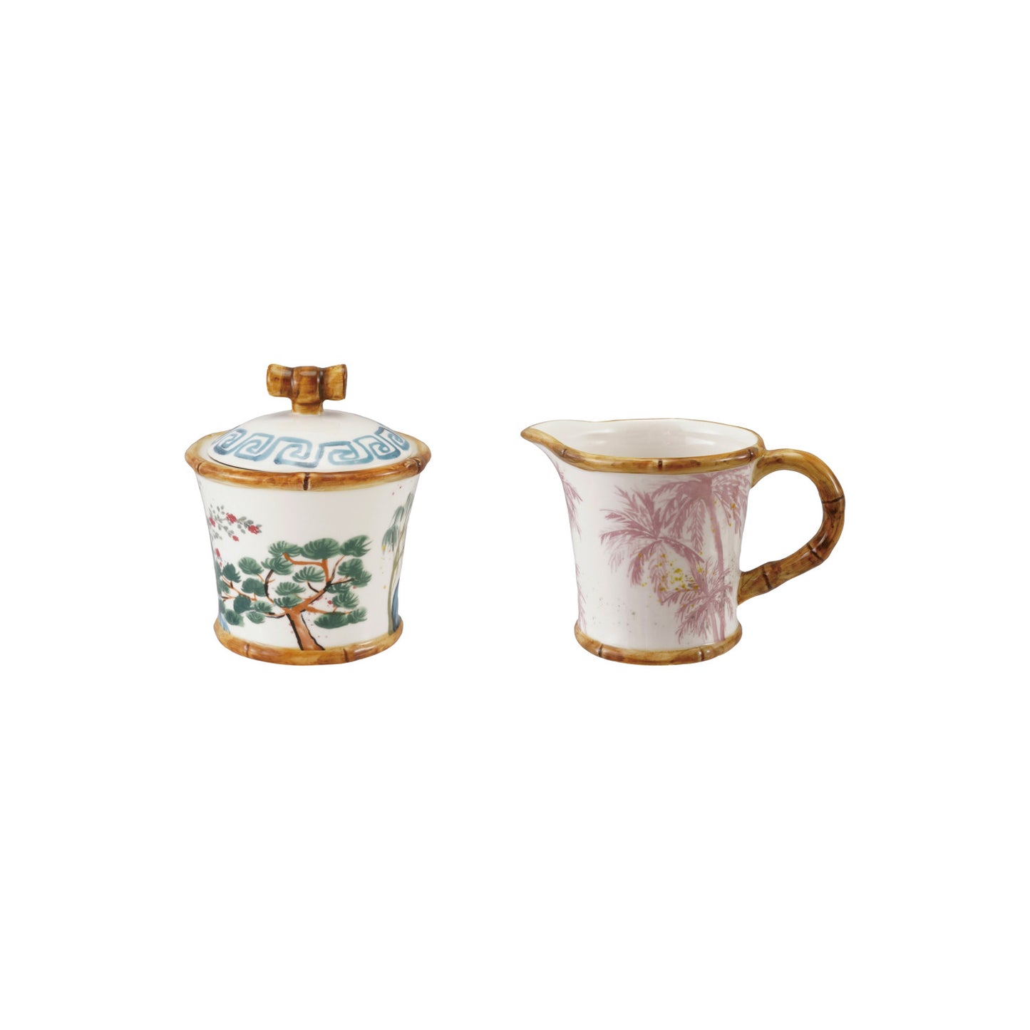 Hand-Painted Stoneware Sugar Pot with Lid & 8 oz. Creamer with Bamboo Style Edges