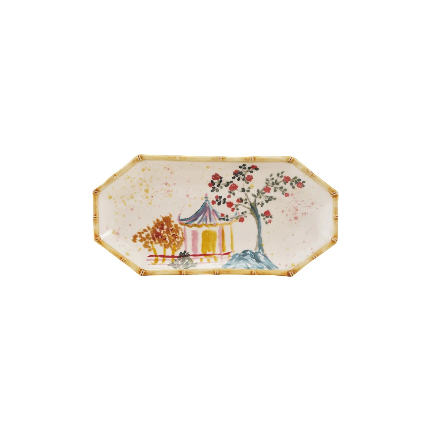 Hand-Painted Stoneware Octagon Small Platter with Pagoda