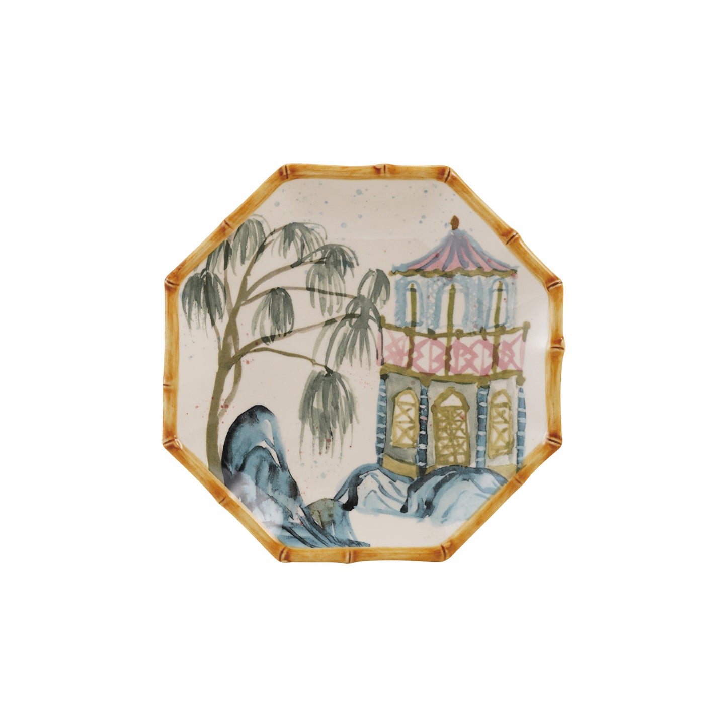 Hand-Painted Stoneware Octagon Shaped Plate with House, Tree & Bamboo Style Edge