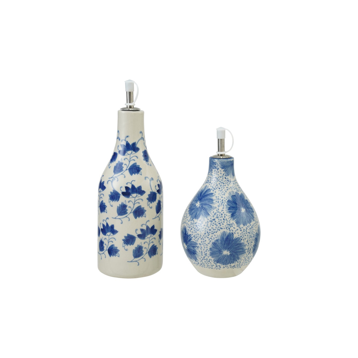Stoneware Oil Cruet with Floral Pattern, Stainless Steel Spout & Plastic Cover