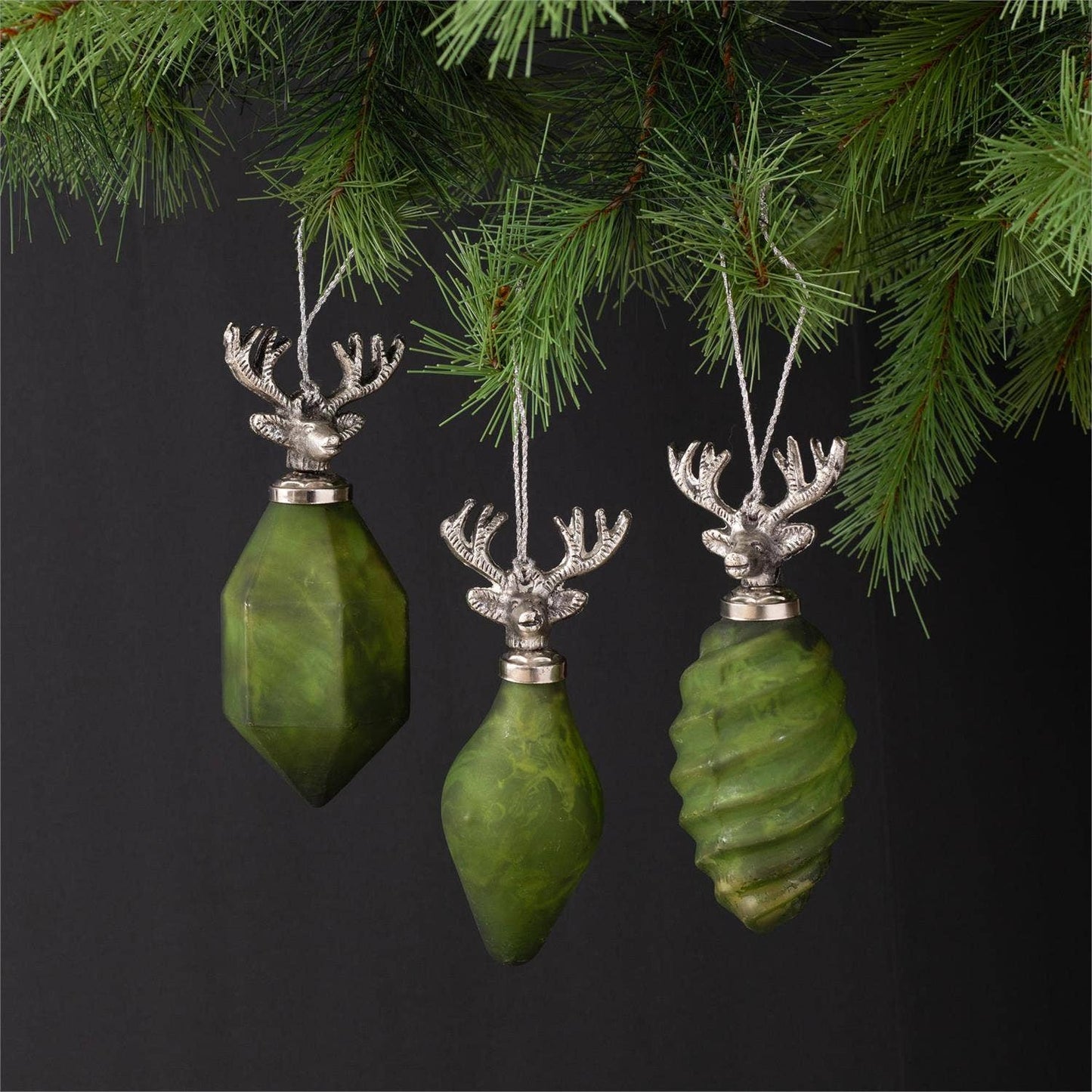 Ornaments - Green and Silver Glass Deer Heads (Pk/06 Ast)