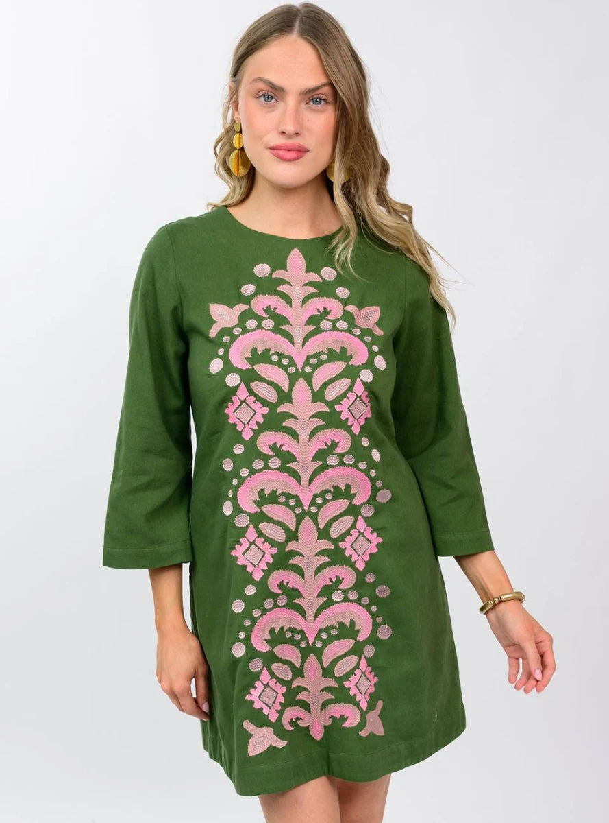 Panel Green and Pink Embroidery Shift Dress