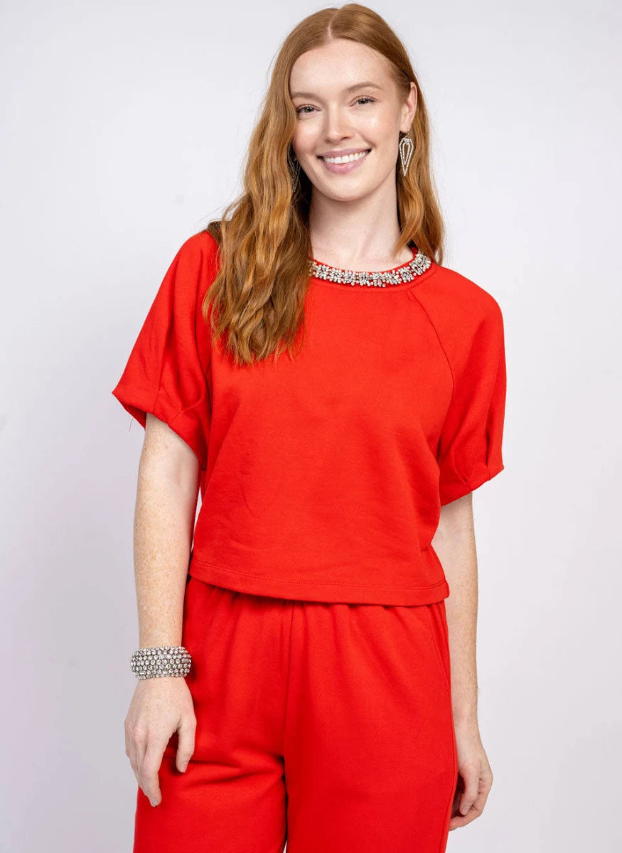 Red Sparkle Neck Top
