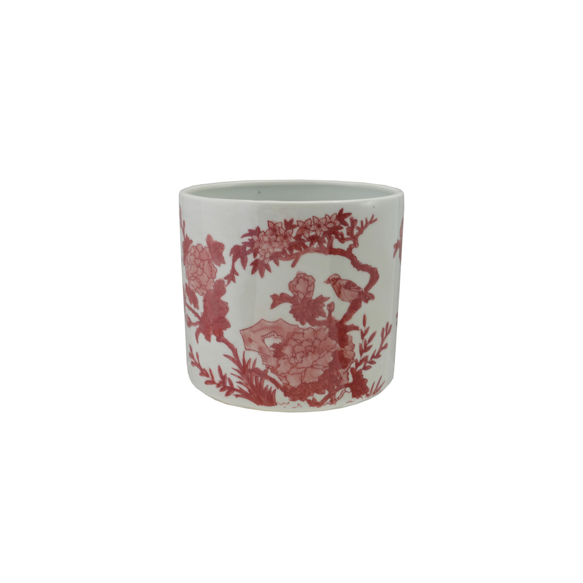 Stoneware Planter Botanical Pattern Burgundy White