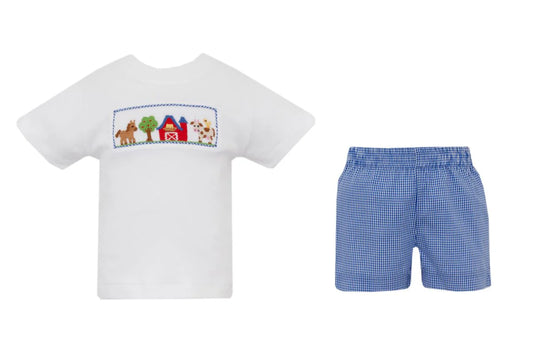 FARM BOY´S - Royal blue gingham boy´s short set w/ white knit T-shirt S/S