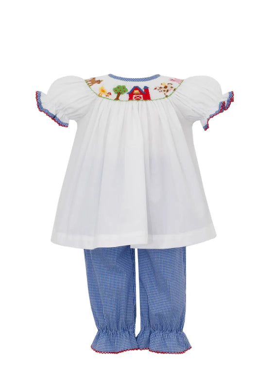 FARM GIRL´S - Royal blue gingham pant set w/ white bishop blouse top S/S