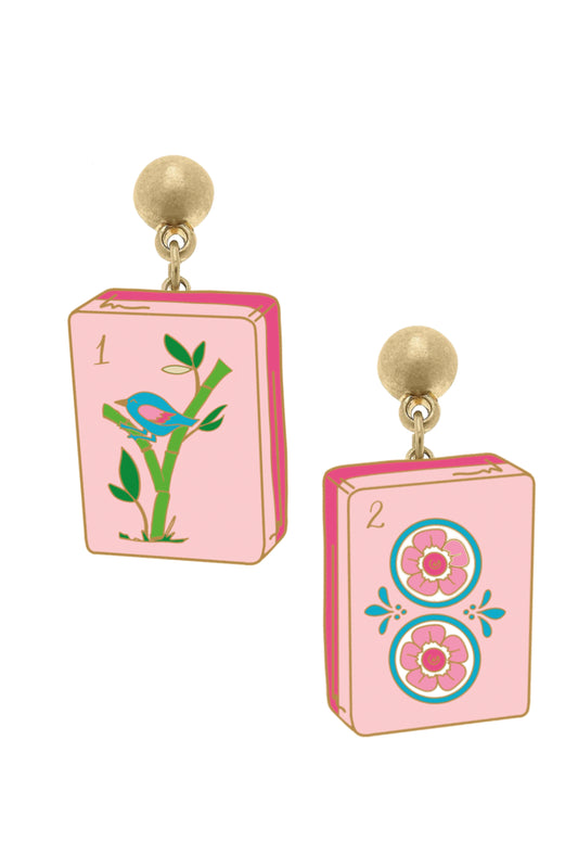 Mahjong Tile Enamel Earrings in Light Pink