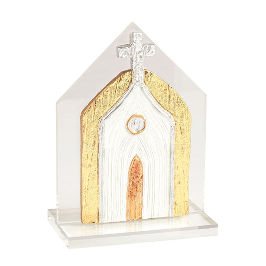 Gold Church On Silver Painted Acrylic Church