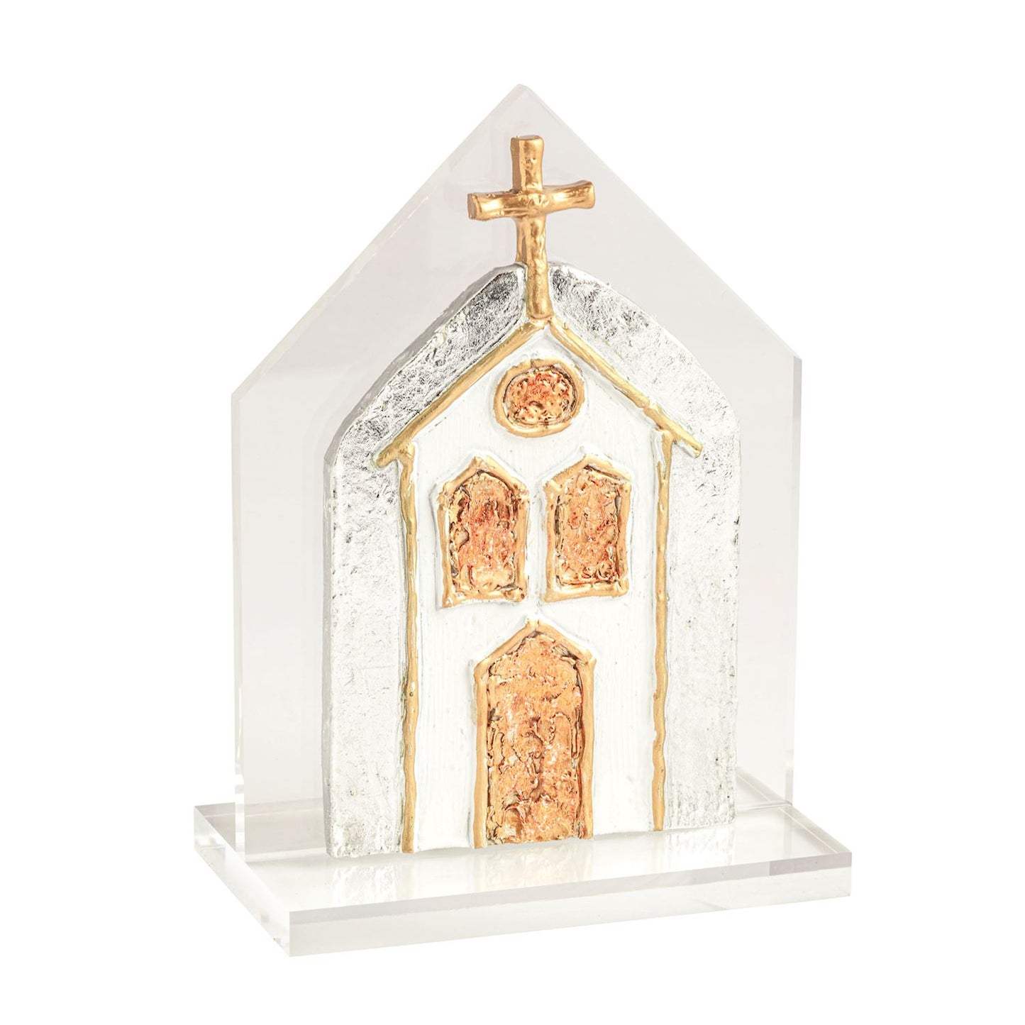 Silver Church On Gold Painted Acrylic Church