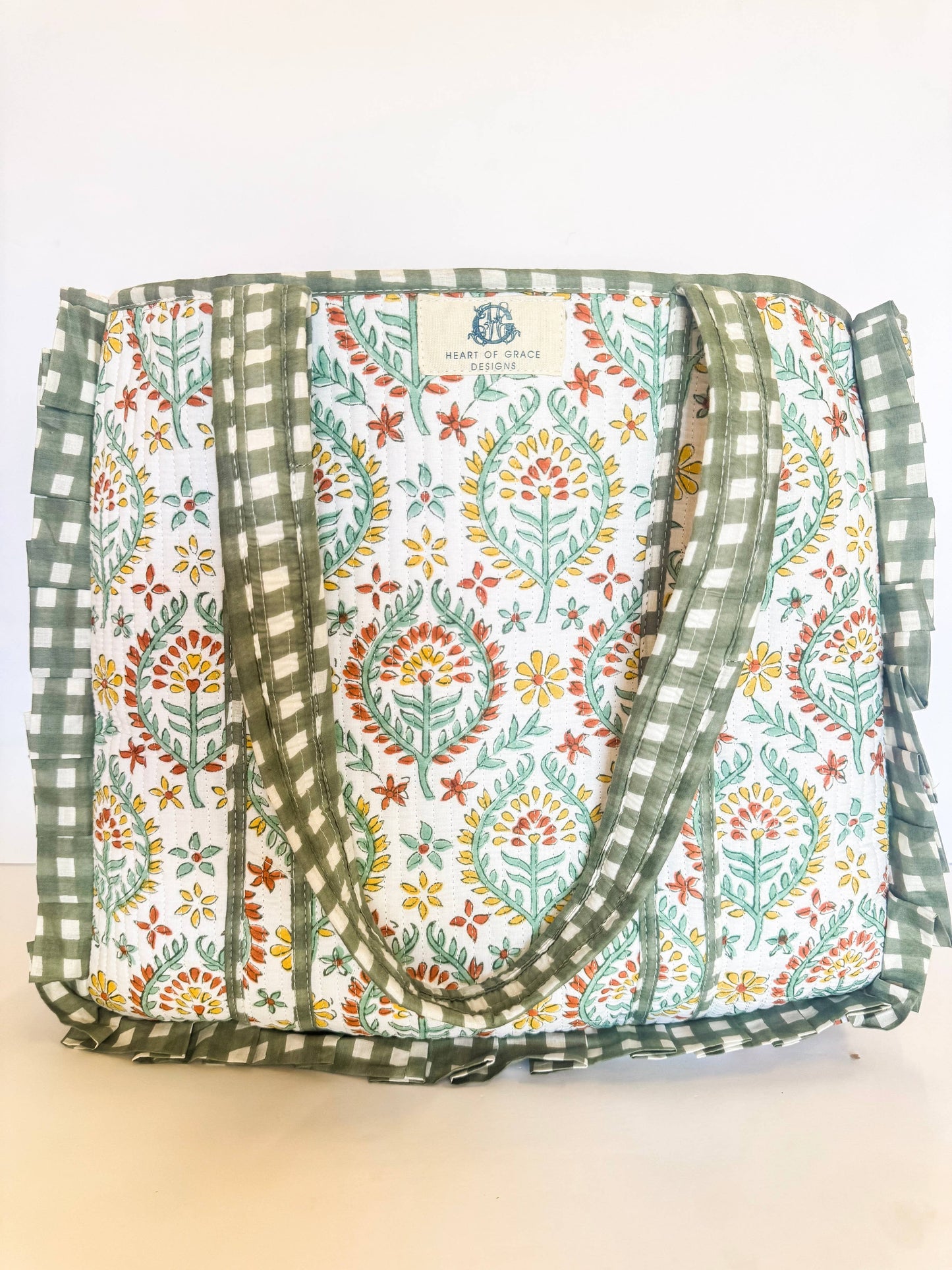 Soleil Sage | Large Quilted Ruffle Tote Bag: 0001