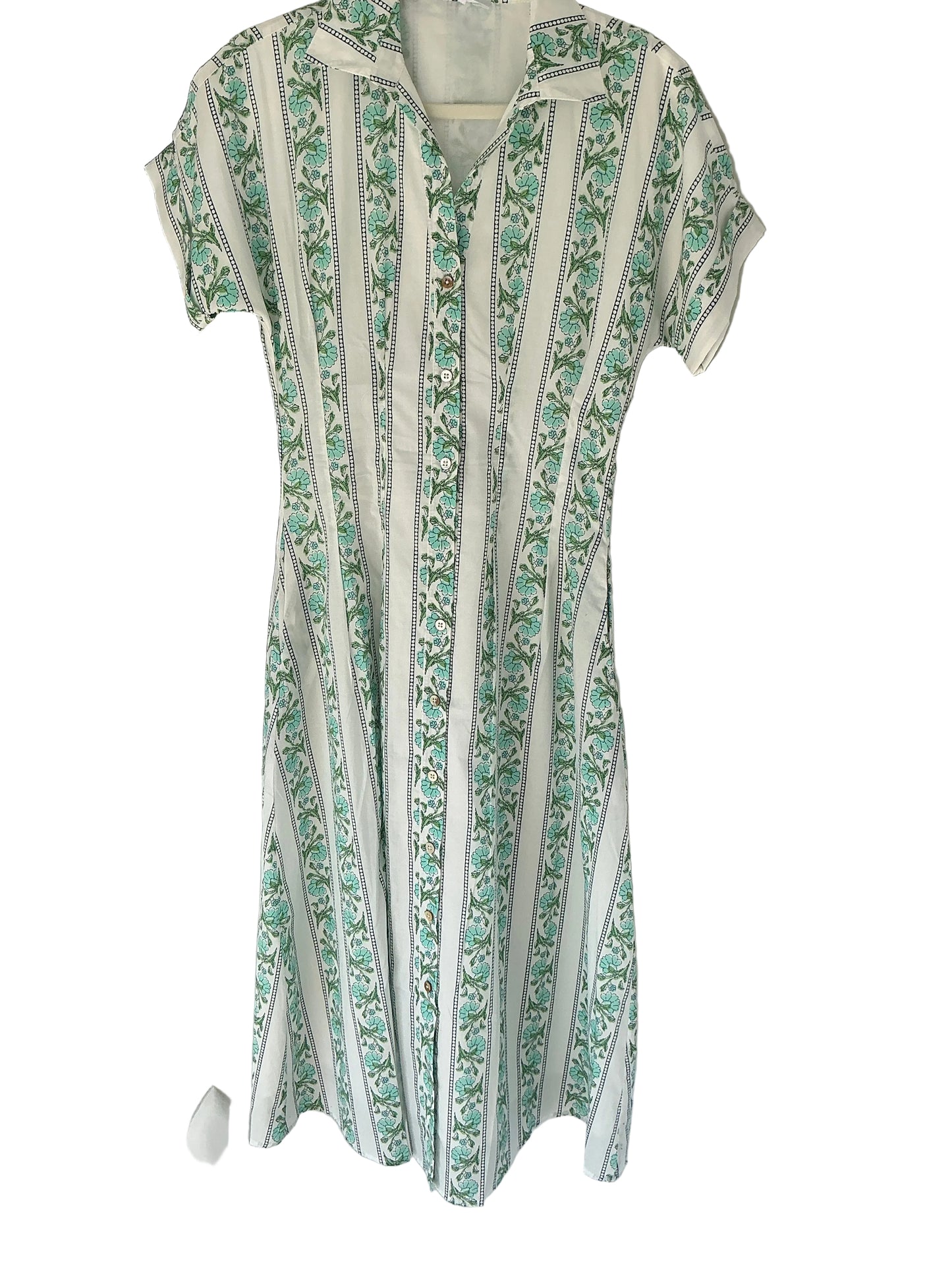 White Block Print Striped Aqua/Green/White Dress