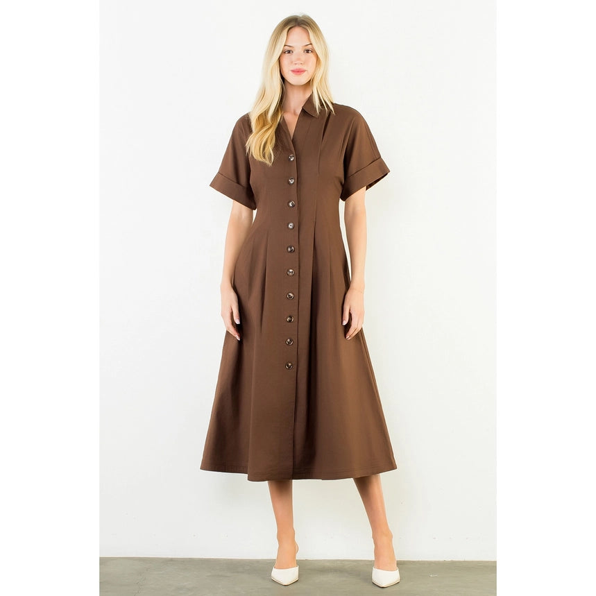 Brown Cinch Waist Long Shirt Dress