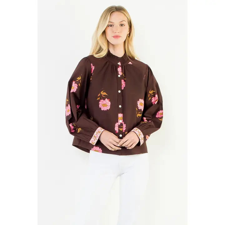 Brown Puff Sleeve Blouse with Pink Flowers