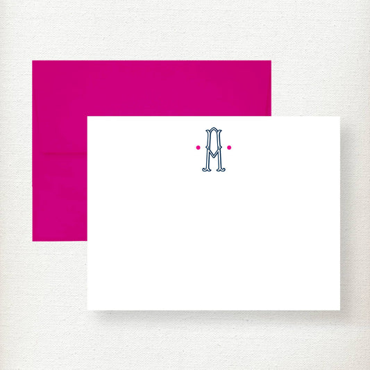 Ornate Initial Dots Note Card: Navy + Pink / B