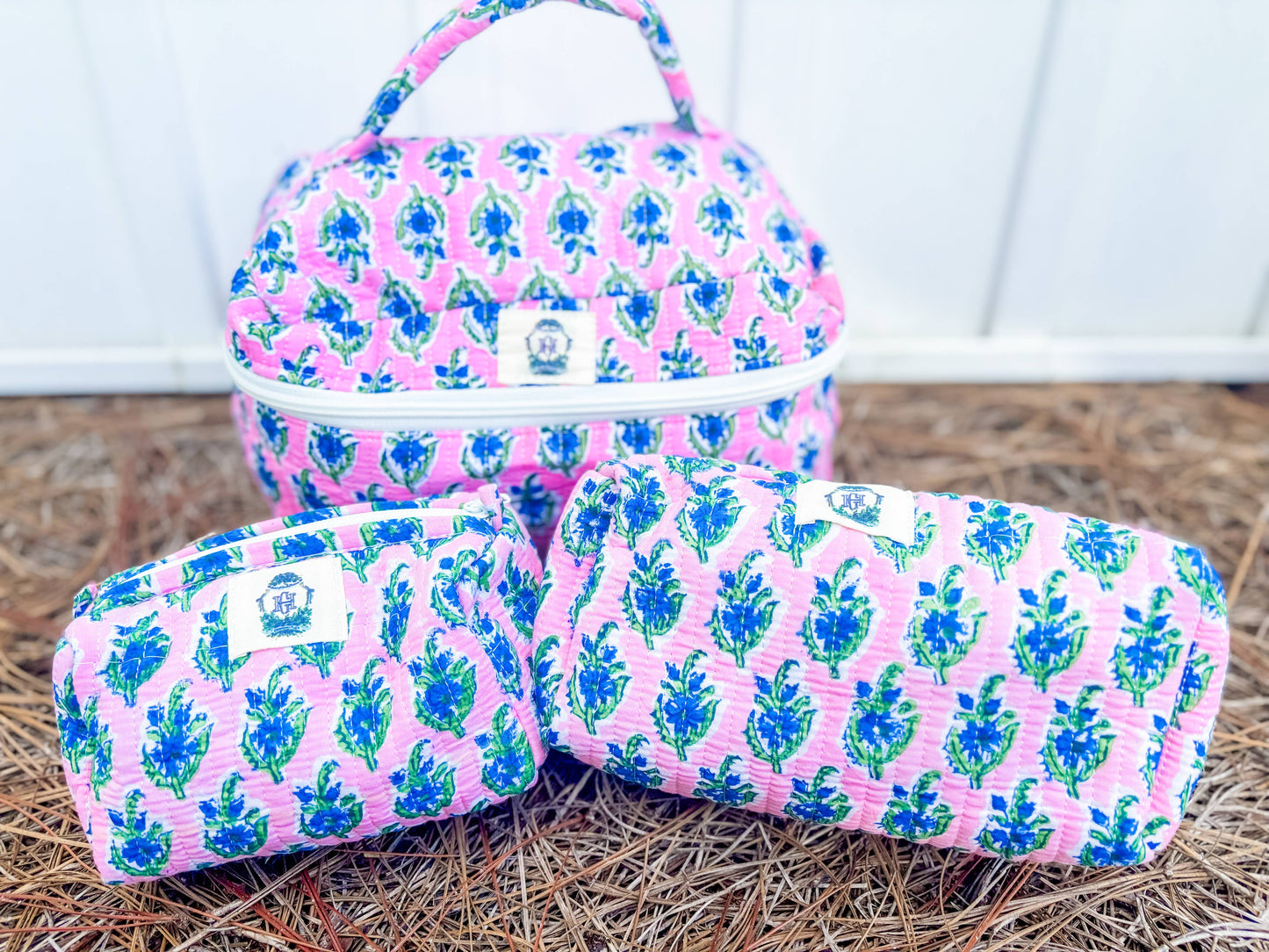 Blue Blossom Quilted Cosmetic Bags-set of 3