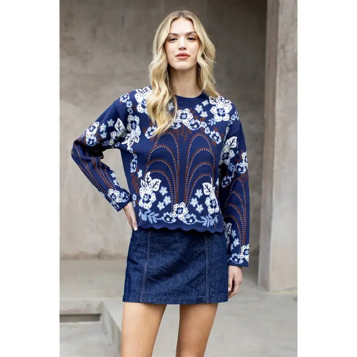 Navy Blue Sweater with Light Blue Flowers