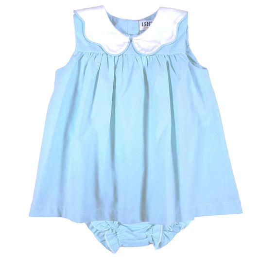 Blue Poplin Scalloped/Piped Bloomer Dress