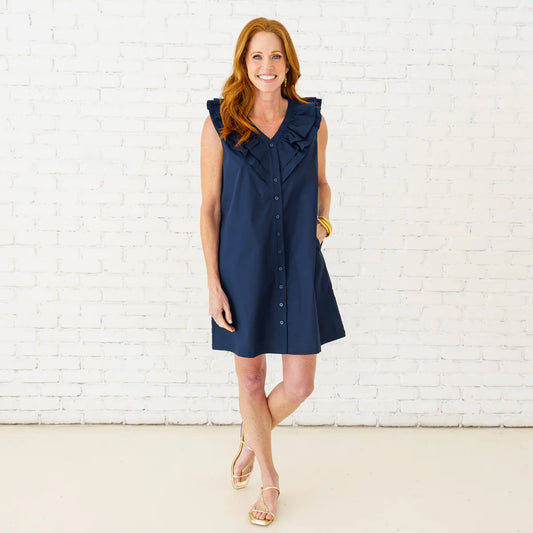 Navy Sleeveless Ruffle Shirt Dress