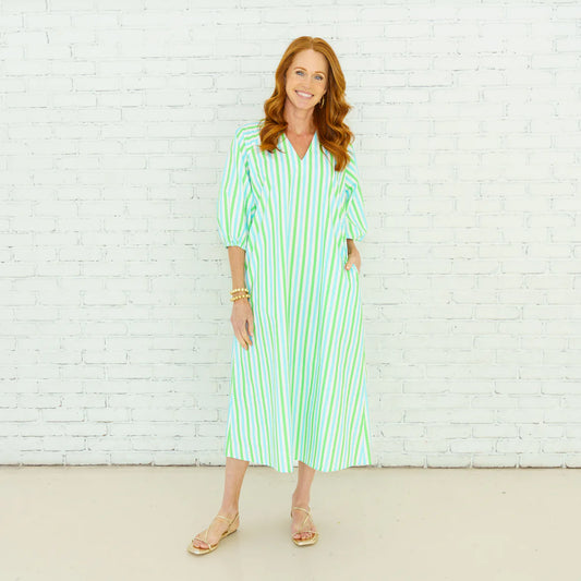 Green/Aqua White Stripe Maxi Belted Dress