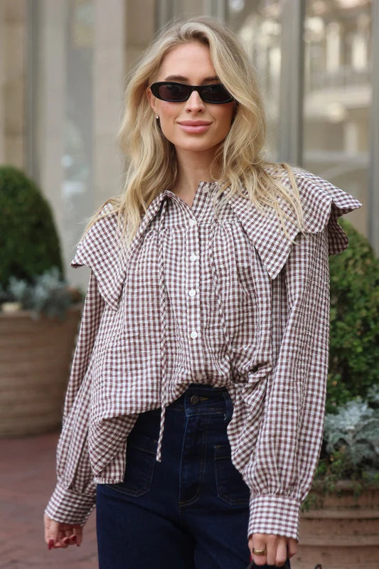 Gingham Poplin Peter Pan Collar Top