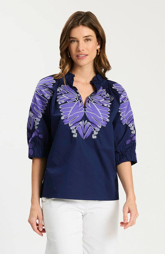 Navy Applique Ruffle Neck Top
