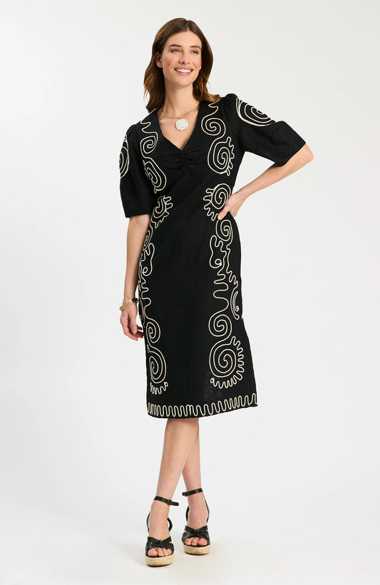 Black Linen Posey Dress with Puff Sleeve and Embroidery