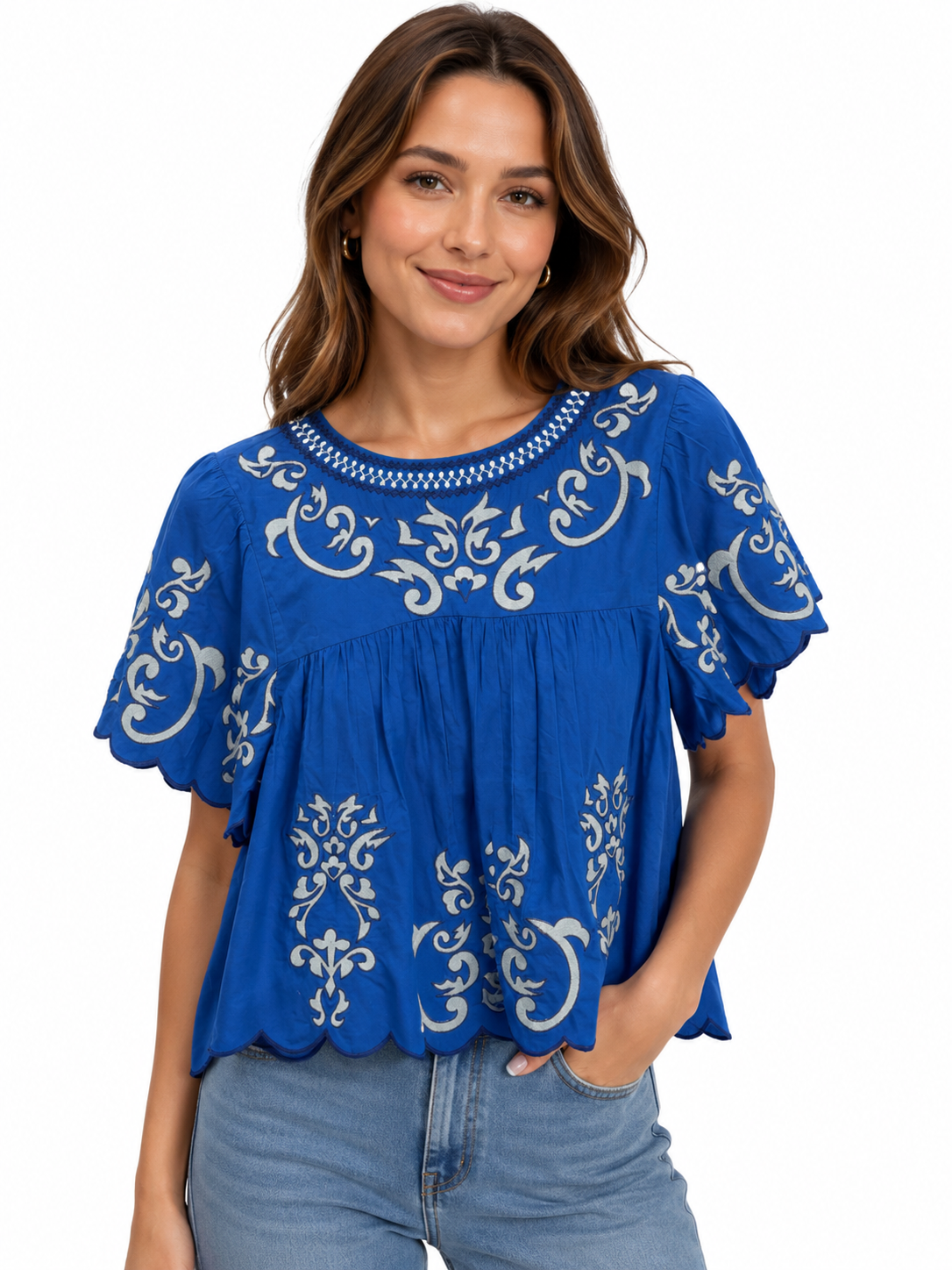 Blue and Aqua Short Sleeve Embroidered Top