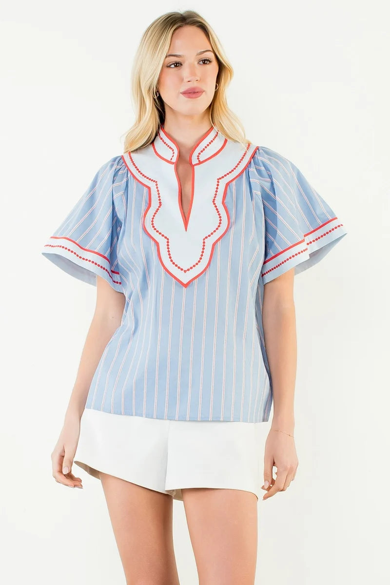 Wide Sleeve Striped Blue Shirt