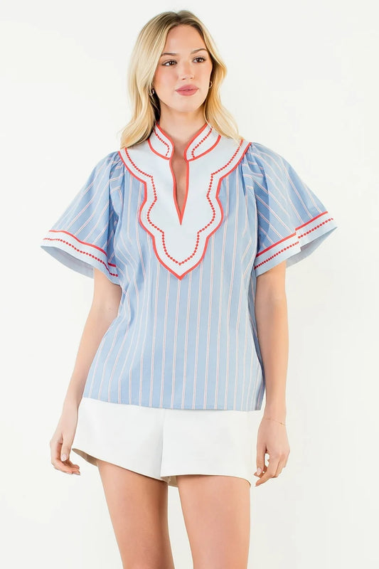 Wide Sleeve Striped Blue Shirt