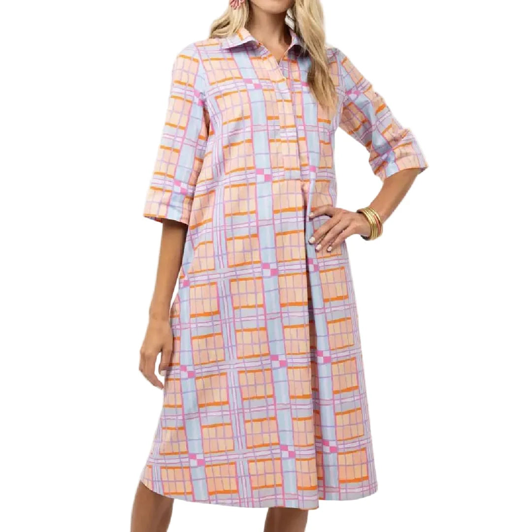 Pastel Plaid Long Sleeve Shirt Dress