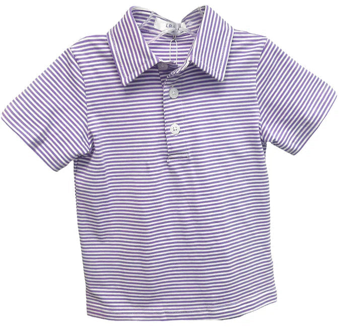 A short-sleeve polo shirt for toddlers, featuring a purple and white horizontal stripe pattern, a classic collar, and a three-button placket.