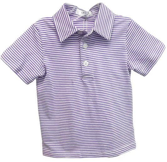 A short-sleeve polo shirt for toddlers, featuring a purple and white horizontal stripe pattern, a classic collar, and a three-button placket.