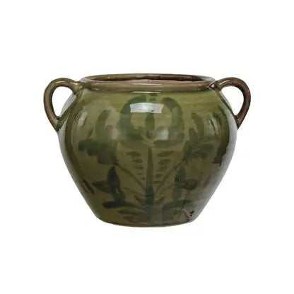 Green Terracotta Urn with Handles and Hand Painted