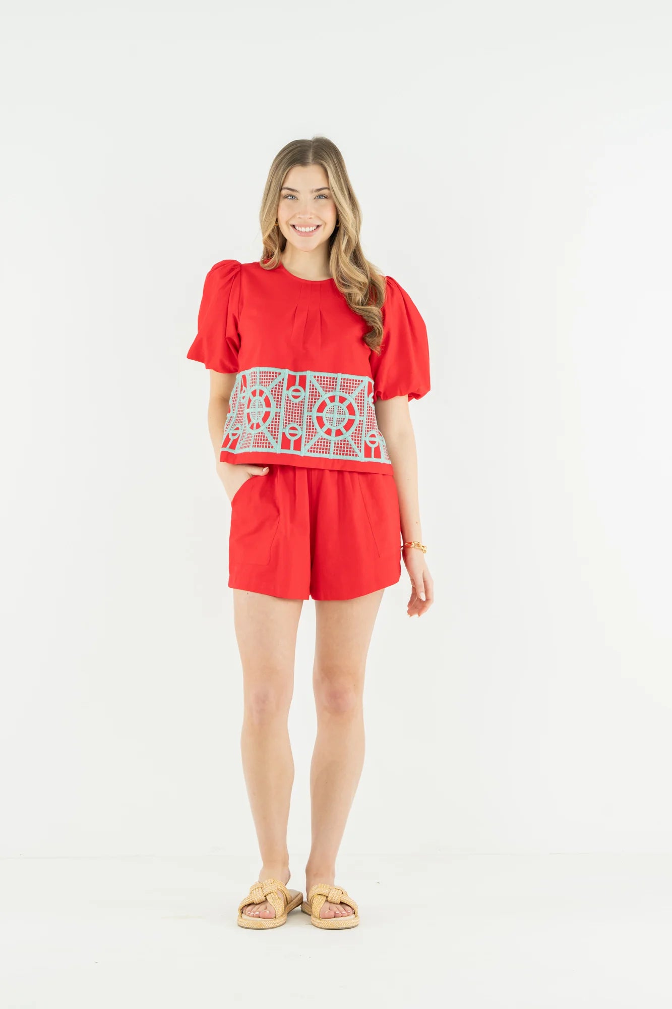 Red/Aqua Embroidered Linen Set
