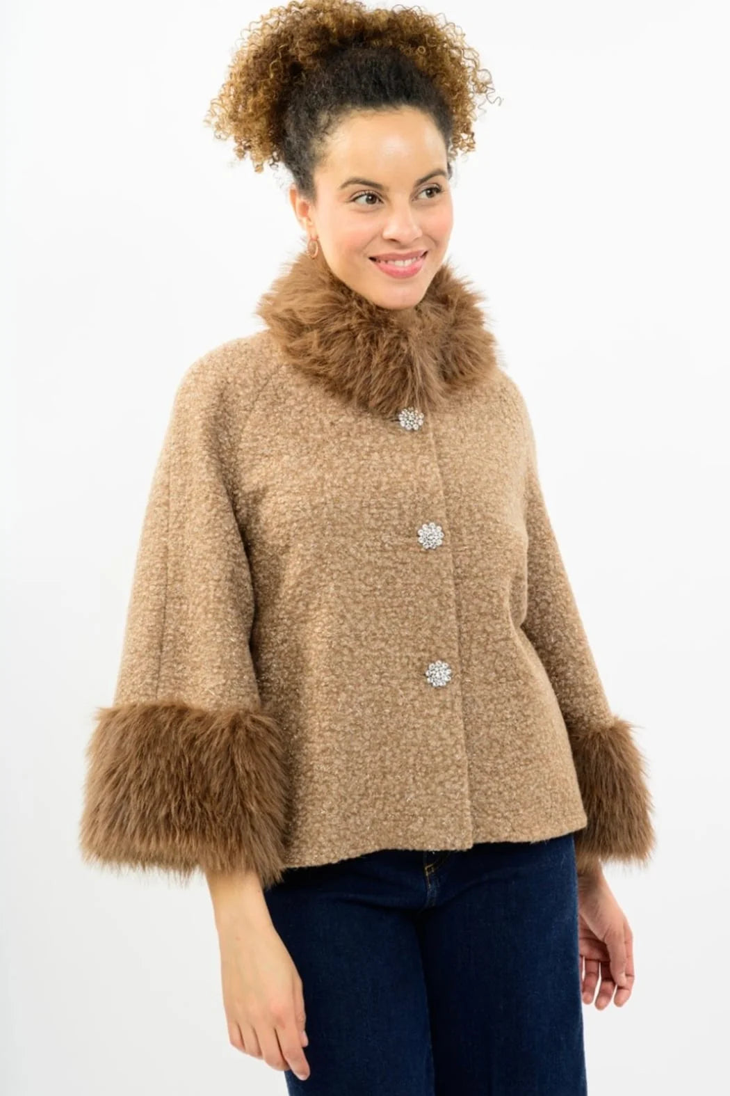 Sparkle Mocha Faux Fir Trim Jacket