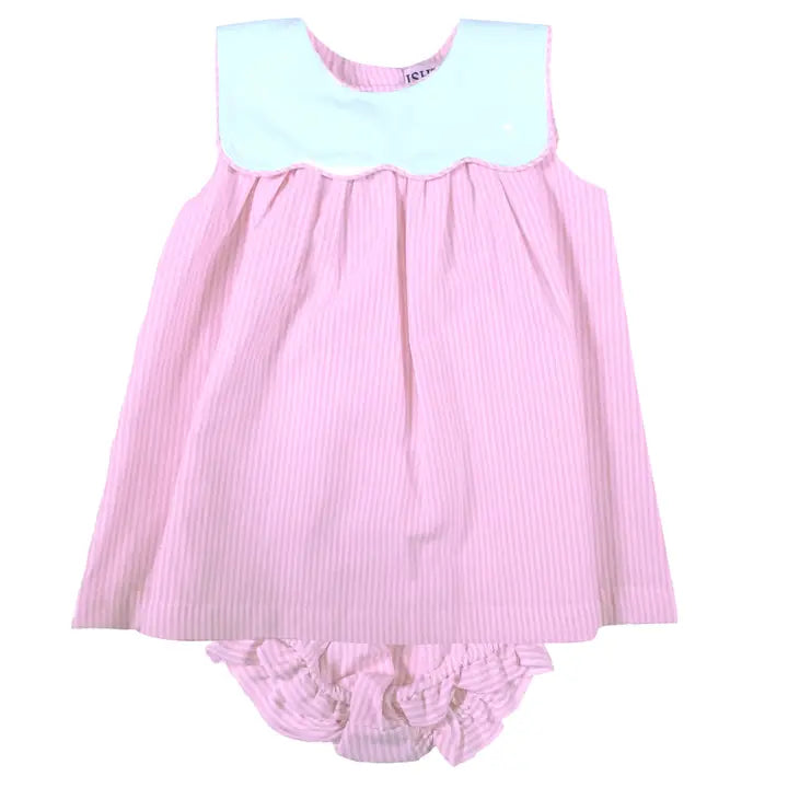 Pink Stripe Poplin Scalloped/Piped Bloomer Dress