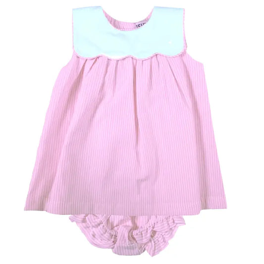 Pink Stripe Poplin Scalloped/Piped Bloomer Dress