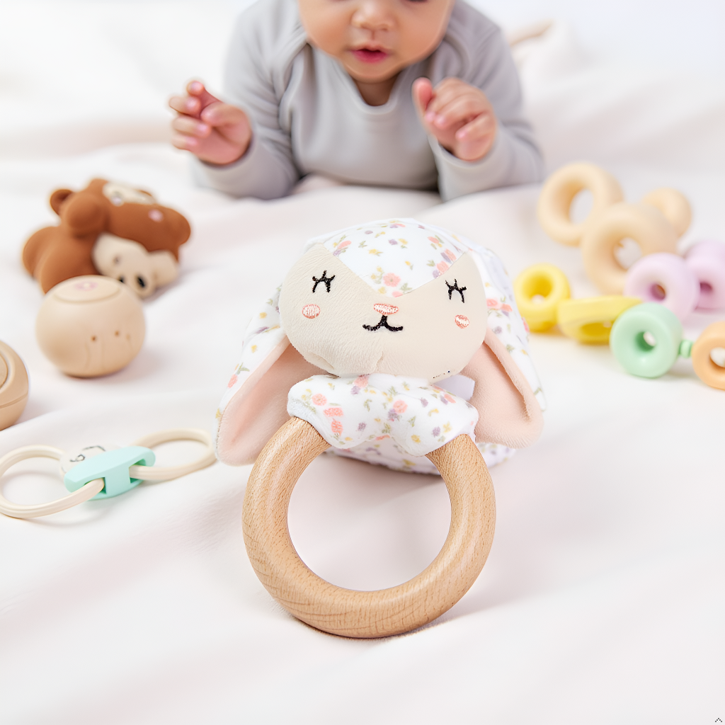 Floral Bunny Wooden & Plush Baby Teether