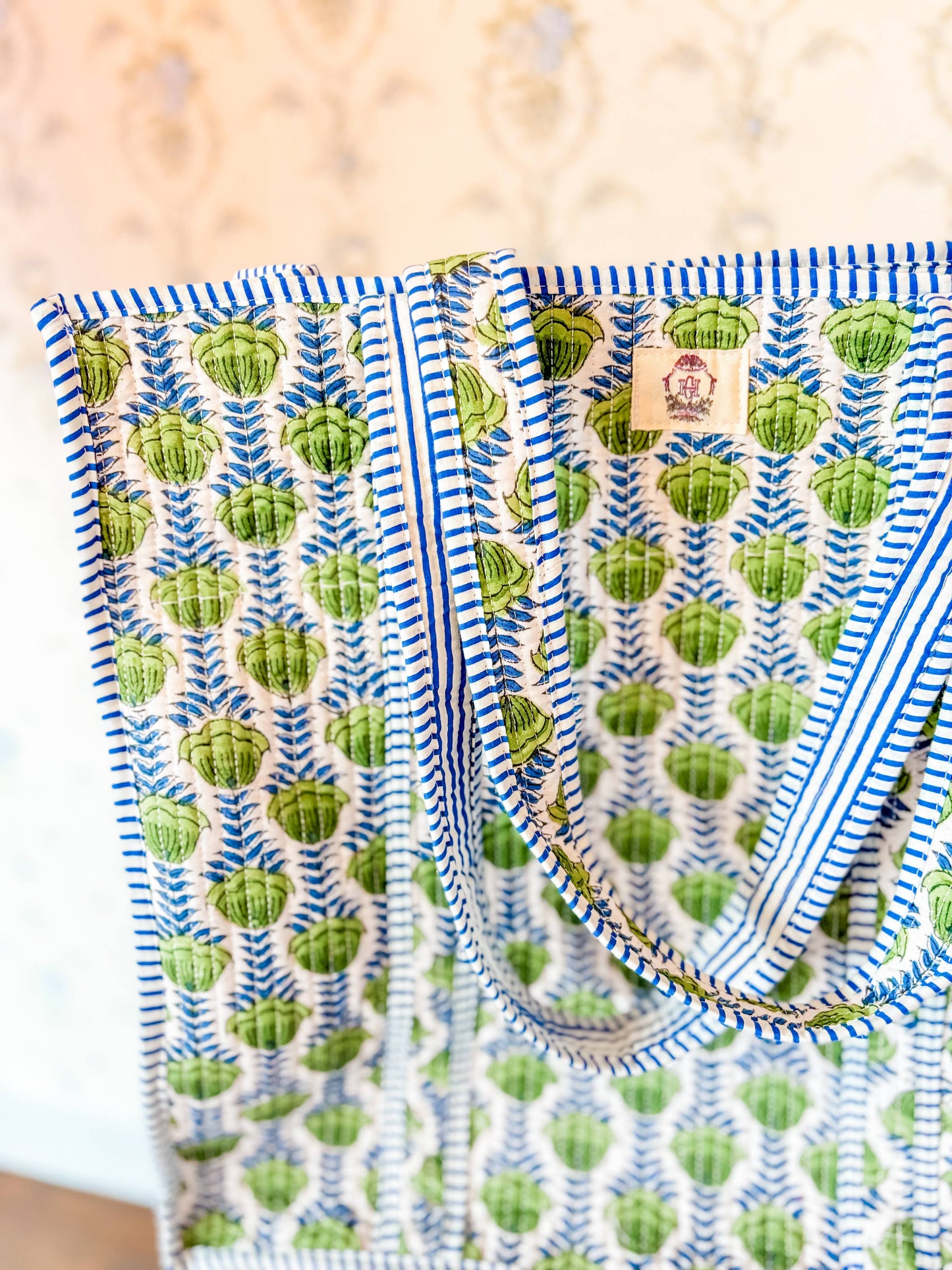 Green Blooms | Large Quilted Tote Bag 