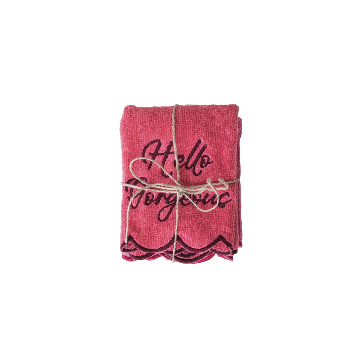 Cotton Terry Wash Cloths w/ Embroidered Saying & Scalloped Edge